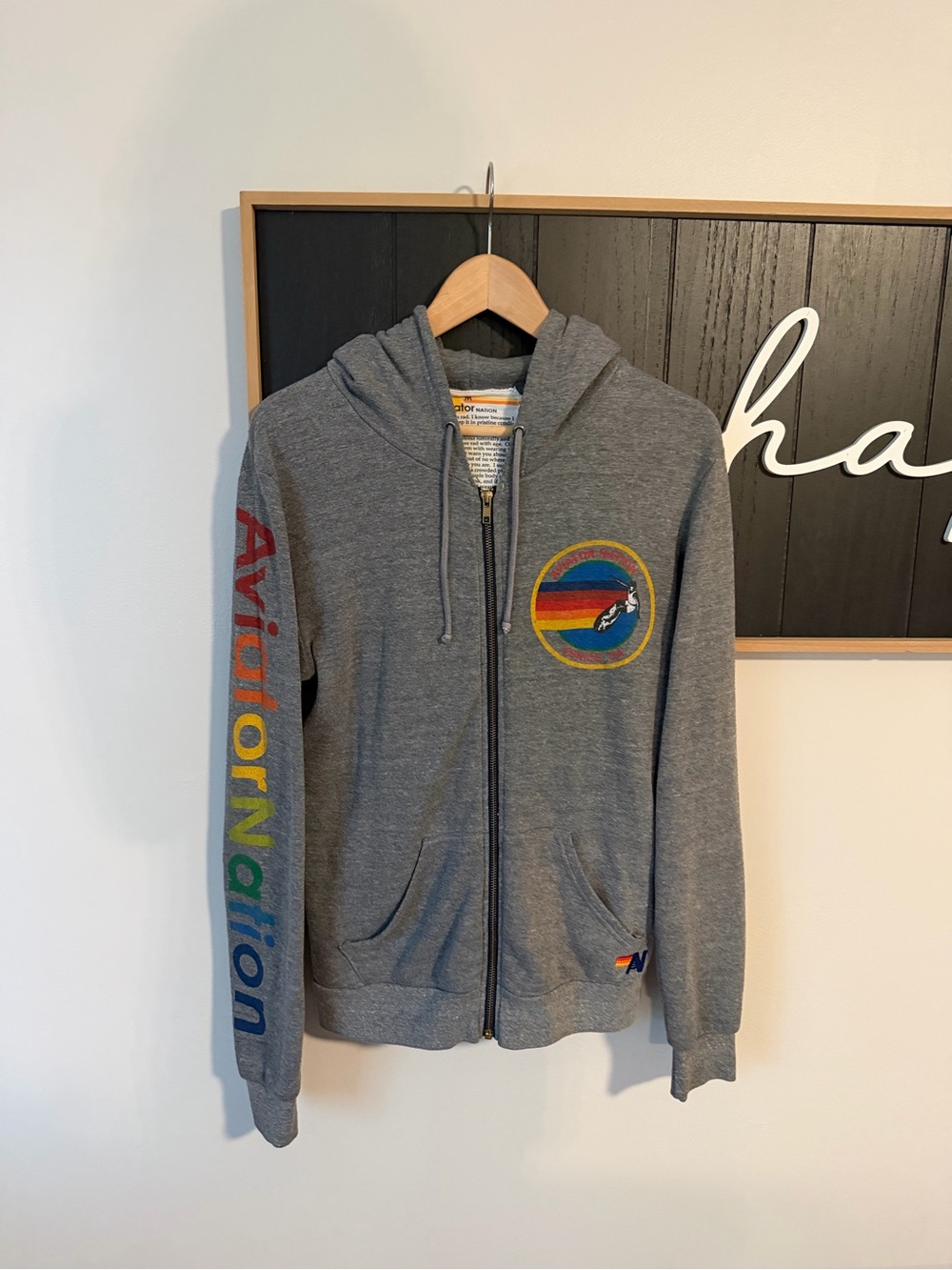 Aviator Nation Gray Zip Hoodie with Rainbow Logo